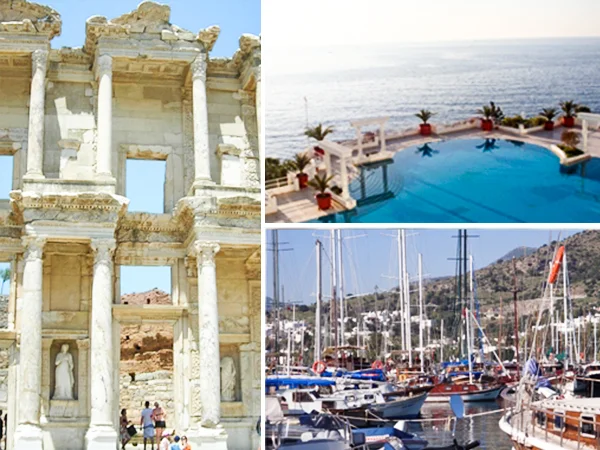 Colagem de paisagens da Turquia: ruínas históricas com colunas de pedra, piscina com vista para o mar e marina com veleiros ancorados.