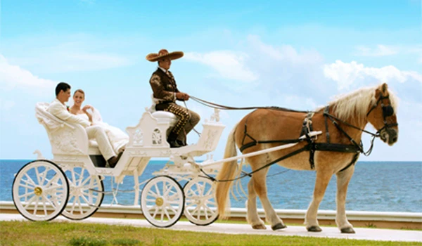 Casal elegante passeando de carruagem puxada por cavalo à beira-mar, cenário paradisíaco com céu azul e mar calmo. Moda sofisticada e ambiente tranquilo. Experiência de Casar em Cancun.