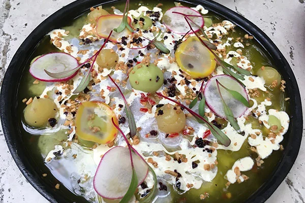 Prato servido em um prato preto, com molho verde, creme branco, rodelas de rabanete, tomates, ervas, sementes e pequenos pedaços crocantes como cobertura. Restaurante peruano Centro SP.