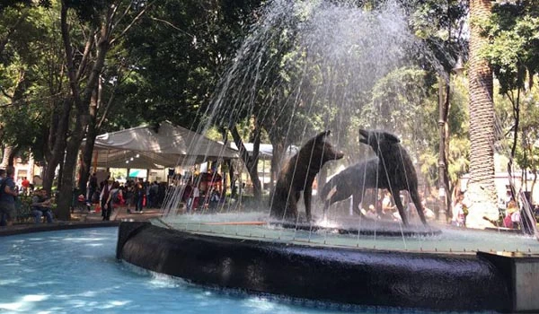 Família de golfinhos na fonte de um parque, atraindo visitantes e proporcionando um cenário de lazer ao ar livre.