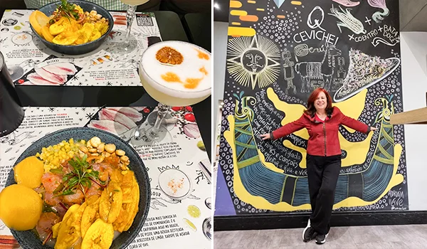 Foto dividida em duas partes. À esquerda, uma mesa de restaurante com dois pratos de ceviche, acompanhados de milho, batata-doce, banana-da-terra e outros ingredientes, além de uma bebida cremosa decorada com pó colorido. À direita, uma mulher de casaco vermelho posa sorrindo diante de um grande mural artístico sobre ceviche, com ilustrações de peixes, elementos marinhos. Restaurante peruano Centro SP.