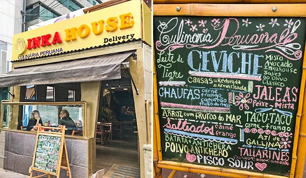 Foto dividida em duas partes. À esquerda, a fachada do restaurante “Inka House – Culinária Peruana”, com mesas na entrada e pessoas sentadas. À direita, um quadro-negro decorado com desenhos de flores e letras coloridas apresenta pratos da culinária peruana, como ceviche, causas, chaufas, arroz com frutos do mar, jaleas, tacu-tacu, solterito, batata anticuchera, polvo anticuchero, tallarines e pisco sour.
