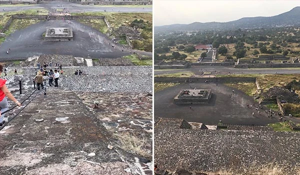 Imagem de uma pirâmide encravada na história de uma antiga civilização, vista de uma perspectiva aérea com destaque para sua estrutura e localização. Pirâmides do Sol e da Lua.