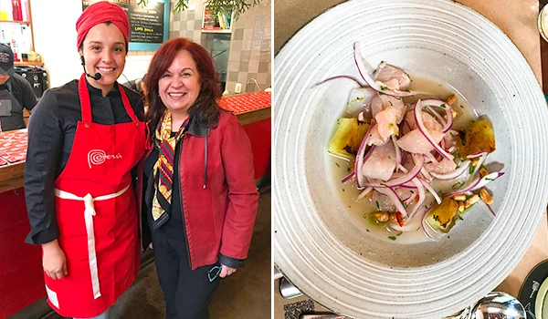 Foto dividida em duas partes. À esquerda, duas mulheres posam sorrindo em um restaurante; uma delas usa uniforme vermelho com avental e lenço na cabeça, enquanto a outra veste casaco vermelho e cachecol. Ao fundo, há mesas e clientes. À direita, um prato branco com ceviche, preparado com pedaços de peixe, cebola roxa, ervas e outros ingredientes em um molho claro. Restaurante peruano Centro SP.
