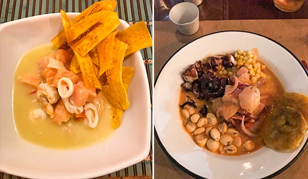 Foto dividida em duas partes, mostrando pratos da culinária peruana. À esquerda, um prato quadrado com pedaços de peixe e frutos do mar em um molho claro, acompanhado de grandes fatias de banana-da-terra frita. À direita, um prato branco com peixe e frutos do mar, milho, cebola roxa, feijão ou milho torrado, batatas e outros acompanhamentos, servido sobre uma mesa de madeira. Restaurante peruano Centro SP.