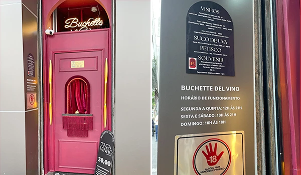 Imagem da fachada do estabelecimento Buchette del Vino, com detalhes coloridos e sinalização sobre o horário de funcionamento e tipos de produtos oferecidos, como vinhos e petiscos, ideal para quem busca informações sobre o local.