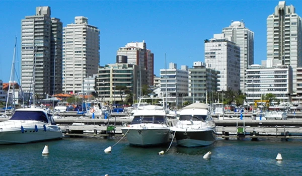 Vista de um porto com veleiros e barcos de luxo ancorados, ao fundo arranha-céus modernos de um centro urbano ao lado da água. Cassino Punta del Este.