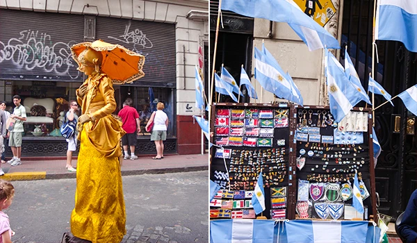 Imagem de uma pessoa vestida com traje tradicional na rua, ao lado de uma loja de acessórios com bandeiras argentinas e itens variados, simbolizando a cultura argentina.
