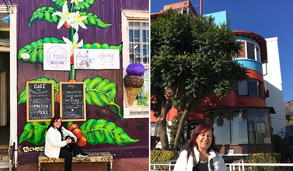 Imagem de uma cafeteria charmosa com fachada decorada com arte de folhas e uma placa de cardápio ao lado, Deusa Rodrigues sentada na frente. Grafites de Valparaíso.