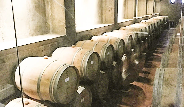 Filas de barris de vinho envelhecendo em adega, indicando produção de alta qualidade para apreciação em harmonização com diferentes pratos. Perfeito para amantes de vinhos.