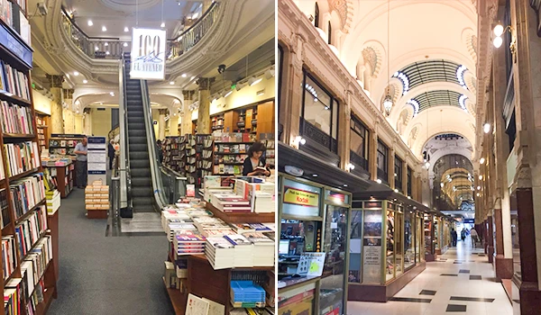 Imagem de uma livraria com arquitetura clássica, prateleiras repletas de livros e escadas rolantes em um interior elegante, ideal para quem busca boas opções de livros e cultura.