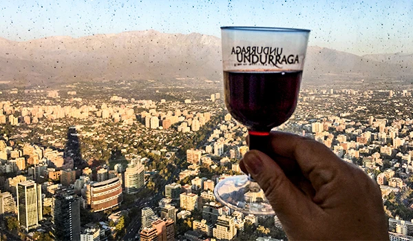 Vista panorâmica de um copo de vinho tinto com a cidade ao fundo, capturado em um ambiente alto com janelas de vidro e uma paisagem urbana extensa ao entardecer.