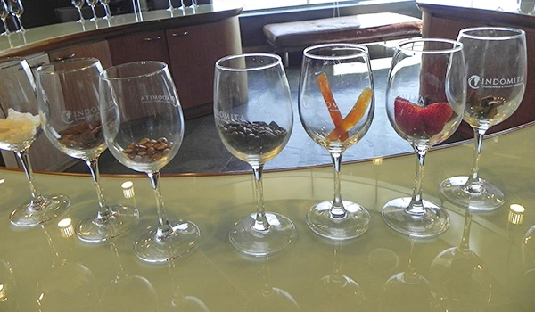 Seis taças de vinho transparentes com diferentes tipos de vinho, dispostas em linha sobre uma bancada de balcão de vidro, com um ambiente de bar ao fundo. Vinícolas no Chile, qual visitar?