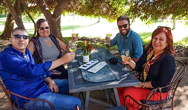 Pessoas felizes brindando com vinho ao ar livre sob uma sombra de árvores, desfrutando de um momento de confraternização e boa companhia. Vinícolas no Chile, qual visitar?