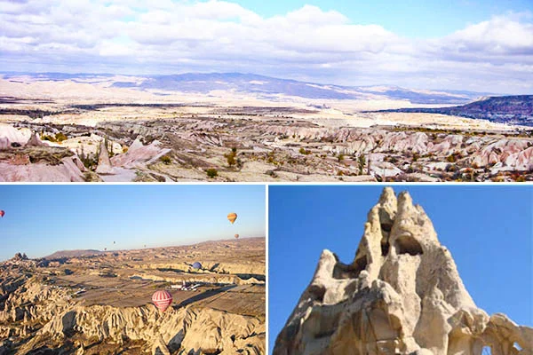 Colagem com três imagens da Capadócia, na Turquia: uma vista panorâmica das formações rochosas e do vale sob um céu parcialmente nublado; balões de ar quente coloridos sobrevoando a paisagem ao amanhecer; e uma formação rochosa pontiaguda com cavidades naturais, sob um céu azul.