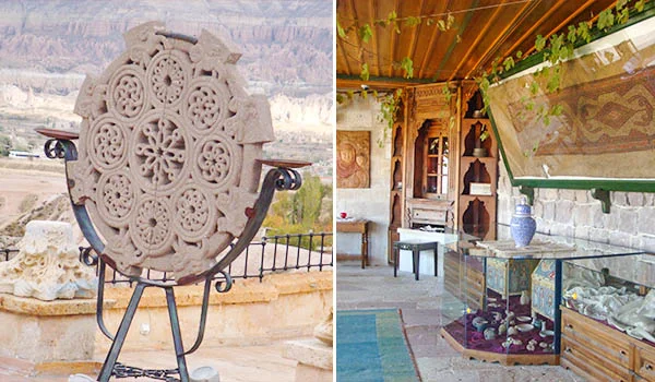 Imagem dividida em duas cenas: à esquerda, uma placa circular de pedra com ornamentos entalhados, exposta em um terraço com vista para as formações rochosas da Capadócia; à direita, o interior de um museu com paredes de pedra, afrescos, objetos arqueológicos e vitrines com peças históricas.