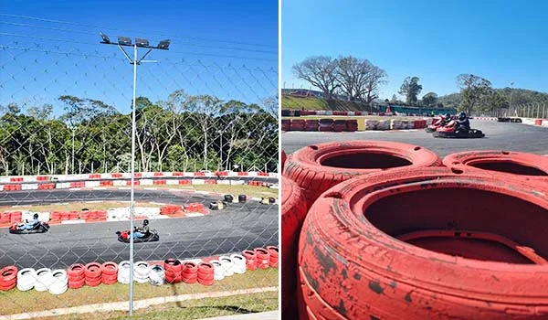 2 fotos que mostram pista de kart e carros no Dream Car em São Roque.