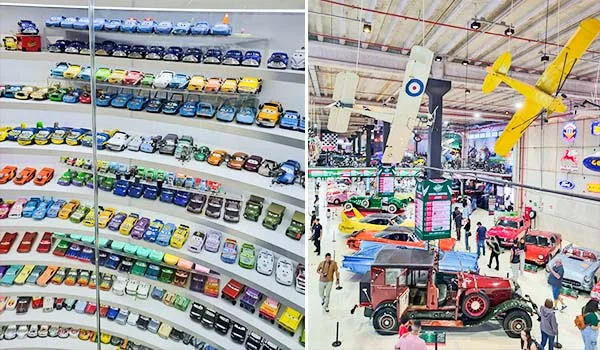 2 fotos, uma com miniaturas de carros e outra um salão com diversos modelos de carros antigos na Dream Car em São Roque.