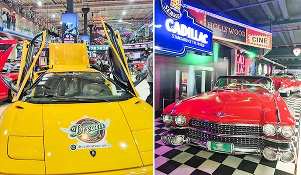 2 fotos de carro antigos, um amarelo e outro Cadillac Vermelho.