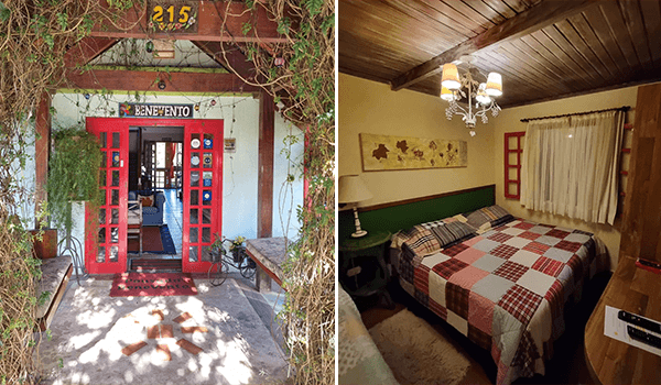 Imagem da fachada charmosa de uma pousada com porta vermelha e a placa Benevento, além de um quarto aconchegante com decoração rústica e cama de cabeceira verde.