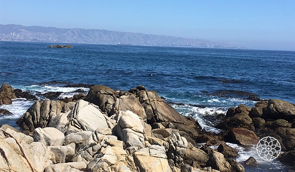 Cenário de praia com pedras e mar calmo, ideal para relaxar e apreciar a natureza na orla