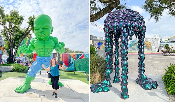 Imagem de duas esculturas de arte urbana: uma de um Hulk gigante verde com expressão de raiva, e outra de um cachorro com corpo feito de várias conchas coloridas, ambos em ambientes ao ar livre com árvores e céu claro ao fundo. O que fazer em Wynwood, Miami.