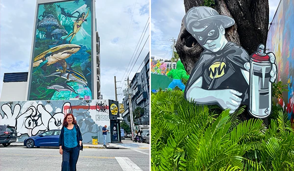 Imagem de street art com um mural de peixes coloridos na parte superior e uma personagem de grafite segurando spray de tinta na parte inferior, em um ambiente urbano vibrante. o que fazer em Wynwood.