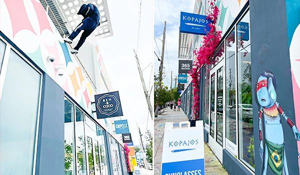 Imagem de uma rua com fachada de loja decorada com arte colorida e flores, mostrando uma pessoa pintando ao lado de um mural de uma personagem animada, promovendo uma experiência visual vibrante e atraente. O que fazer em Wynwood, Miami.