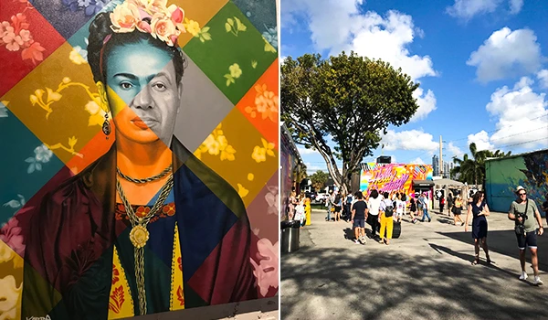Mural de mural artística inspirado em Frida Kahlo, localizado em um a rua movimentada com árvores, pessoas e céu azul ao fundo. O que fazer em Wynwood, Miami.