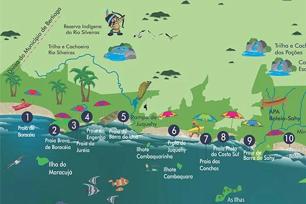 Mapa ilustrado das praias em Guarujá, SP, destacando praias famosas como Praia do Éden, Praia do Tombo e Praia do Guaiúba, com pontos de referência e sinalizações.