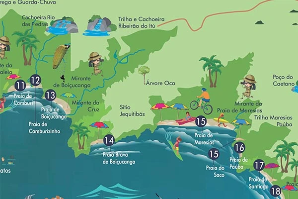Mapa de praias e trilhas ao redor de Boicucanga, incluindo Praia de Boicucanga, Praia Brava de Boicucanga, Praia de Maresias e trilhas como Ribeirão do Itu e Cachoeira Rio das Pedras.