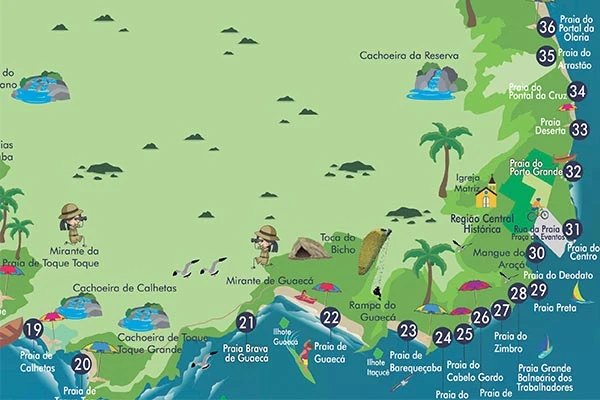 Mapa de praias e trilhas ao redor de Boicucanga, incluindo Praia de Boicucanga, Praia Brava de Boicucanga, Praia de Maresias e trilhas como Ribeirão do Itu e Cachoeira Rio das Pedras.