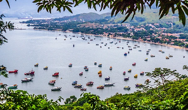 Vista aérea do rio com várias embarcações e uma cidade ao fundo, cercada por montanhas e vegetação exuberante, em uma paisagem bonita e tranquila.