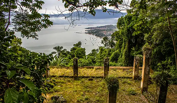 Vista panorâmica de uma paisagem natural com árvores, colinas, um lago e uma cidade ao fundo, capturada em um dia nublado em um ponto elevado cercado por vegetação exuberante.