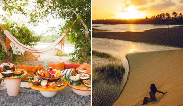Duas fotos compostas, uma de um piquenique a beira-mar entre árvores e a outra de uma duna ao pôr do sol com uma pessoa sentada na areia em Jericoacoara.