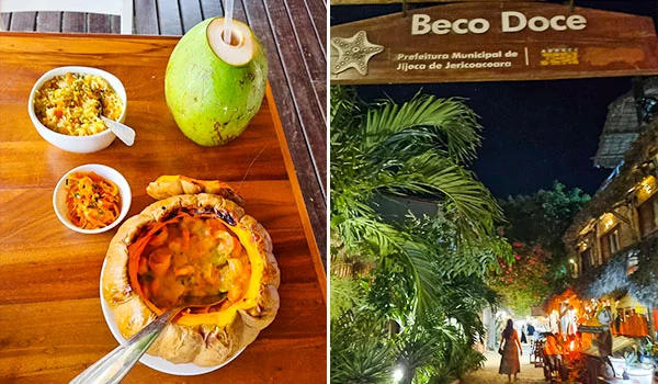 Duas fotos composta, uma sobre o prato camarão na moranga, servido com arroz e salada e água de coco. A outra foto noturna do Beco Doce, uma rua de restaurantes em Jericoacoara.