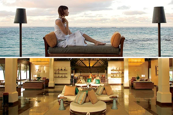 Composição em duas cenas de um resort à beira-mar nas Ilhas Maurício: na parte superior, uma mulher de vestido branco relaxa em um sofá diante do oceano, ladeada por dois abajures; na parte inferior, o elegante saguão do resort, com sofás, mesas, plantas e decoração tropical.