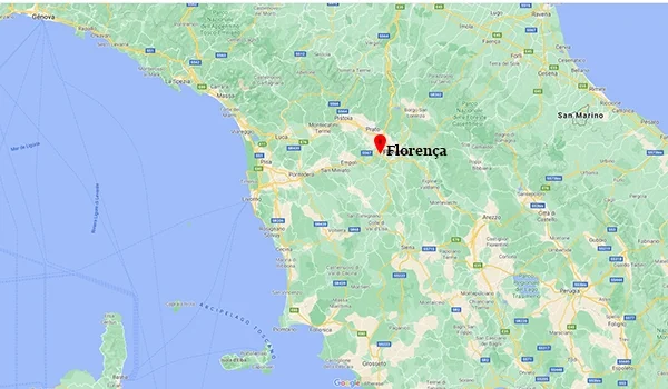 Mapa da região da Toscana, na Itália, com a cidade de Florença destacada no centro.