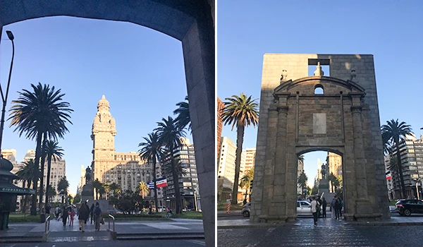 2 fotos sobre a Puerta de la Cidadela e o um portal na Plaza Independencia, uma das dicas sobre o que fazer em Montevideu.