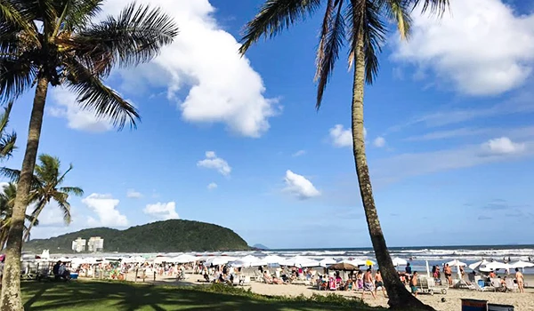 Praia movimentada com muitas pessoas, guarda-sóis e palmeiras sob um céu azul claro, ideal para um dia ensolarado de verão.