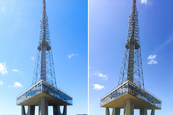 Imagem de uma torre de transmissão de rádio ou televisão sob um céu azul claro, com uma vista dividida em duas partes, destacando sua estrutura metálica e plataforma de observação. Atrações do Planalto Central.
