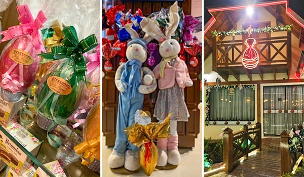 Imagem de presentes de Natal decorativos, ursinhos de pelúcia com roupinhas e uma casa decorada com tema natalino, incluindo luzes e árvore de Natal.