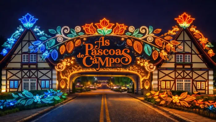 Entrada decorada com luzes da Páscoa em estilo tradicional, com flores e elementos coloridos na rua de Campos do Jordão.