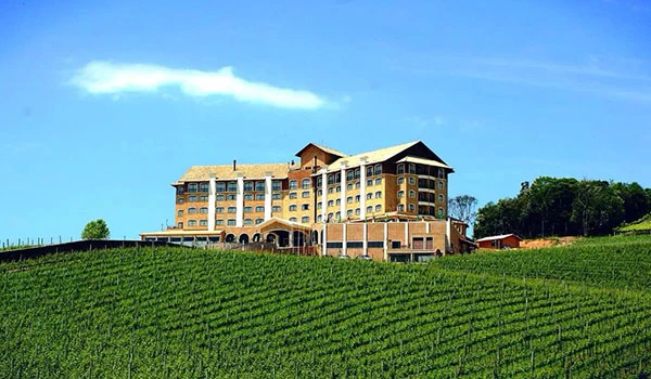 Imagem de um hotel localizado em uma região vinícola, cercado por vinhedos e um céu claro. Lugares para comemorar aniversário de casamento.