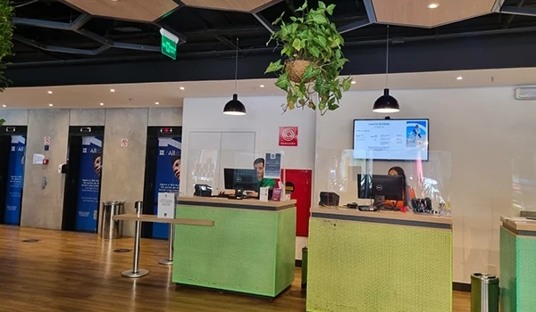 Interior moderno de um hotel com recepção atraente, paredes em tons neutros, plantas suspensas e atendimento ao cliente em destaque. Ideal para quem busca conforto.