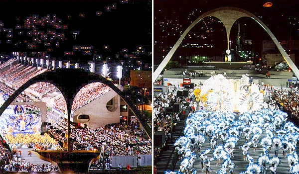 Sambódromo iluminado, muitas luzes e decoração colorida em um espaço ao ar livre, perfeito para celebrações e comemorações culturais.