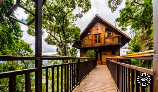 Imagem de uma cabana de madeira localizada na árvore, cercada por natureza e árvores verdes, com uma varanda de madeira acessível por uma passarela com corrimão.
