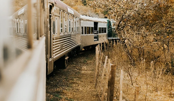 Imagem de um trem antigo em um cenário ao ar livre com árvores de outono e trilha ao lado, capturada em uma paisagem natural serena.