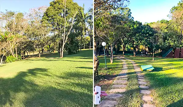 Foto de um parque com gramado verde, árvores e caminhos em diferentes momentos do dia, destacando a beleza da natureza ao ar livre. Chalés em  SP.