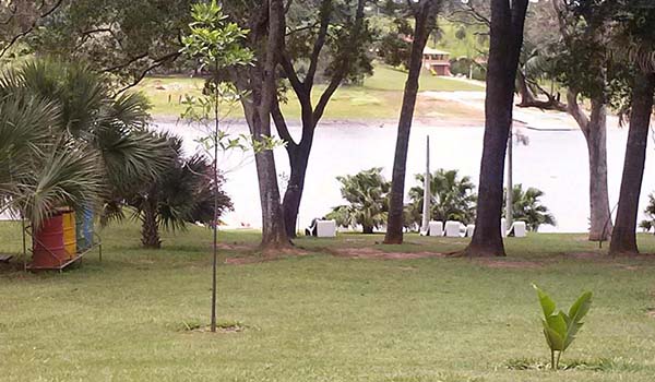Foto de um lago cercado de gramado e árvores, um dos hotéis fazenda com passeio a cavalo no interior de SP.
